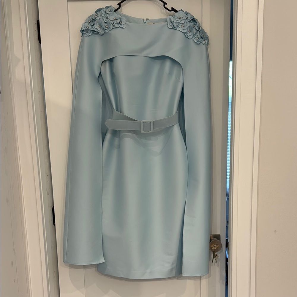 Badgley Mischka Light Blue Belted Cape Dress
